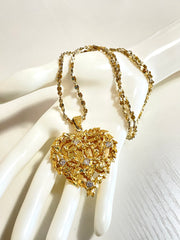 Vintage Yves Saint Laurent golden chain long statement necklace with arabesque heart and crystal pendant top. 050803y3