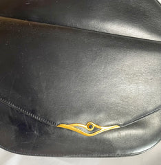 Vintage Cartier navy oval shape shoulder bag with blue stone and golden frame flap. Classic purse from Sapphire line. 050919ac1
