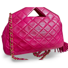 Vintage CHANEL pink lamb leather chain shoulder bag with fringe. Rare triangle handle handbag. Must have purse. 070225ac6