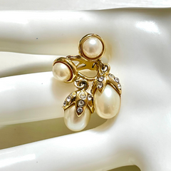 Vintage Yves Saint Laurent golden dangling earrings with crystals and teardrop white faux pearls. Rare YSL jewelry. 060604ac1