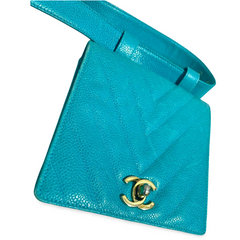 Vintage CHANEL turquoise blue caviar v stitch, chevron, waist bag, hip bag, fanny pack with matching belt with golden cc mark closure. 070225ac3