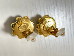 MINT. Vintage CHANEL round black and golden earrings with golden CC mark and crown frame. Bud design jewelry. 060225ac2