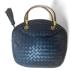 Vintage Bottega Veneta black intrecciato woven leather handbag with metal combo handles and a tassel. Rare masterpiece. 070822y1