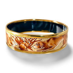 Vintage HERMES gold and brown tone and cloisonné/enamel bangle with rabbit, dog, and fox design. 070310ac2
