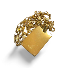 Vintage Celine golden necklace with triomphe chains and a carriage and logo featured rectangular plate top. 070218ys2