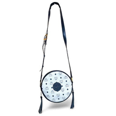 MINT. Vintage MCM navy and white monogram round shape Suzy Wong shoulder bag with leather trimmings. Designed by Michael Cromer. 060309ya