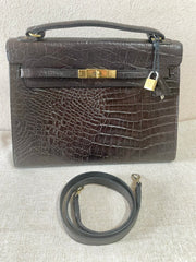 Vintage Mulberry darkbrown croc embossed leather Kelly bag with shoulder strap. Roger Saul era. Rare masterpiece. 070220yf