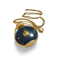 80’s vintage Lanvin golden chain long necklace with logo motif and black perfume bottle. Rare Lanvin vintage jewelry by Arpege. 060918yf