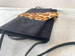 Vintage Bally black suede leather shoulder bag with leopard printed fur trimmings. Can be clutch purse. 070218ys9