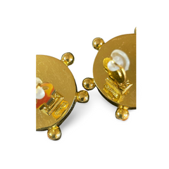 Vintage CHANEL large round earrings with black and golden CC mark. Sun design. 050630ac