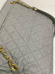 Vintage CHANEL taupe grey canvas and lambskin shoulder tote bag with gold tone chain straps and a CC ball charm. 070125ap1