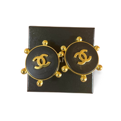 Vintage CHANEL large round earrings with black and golden CC mark. Sun design. 050630ac