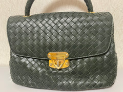 Vintage Bottega Veneta dark green intrecciato woven leather handbag. Rare masterpiece. 070324ac