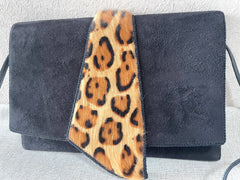Vintage Bally black suede leather shoulder bag with leopard printed fur trimmings. Can be clutch purse. 070218ys9