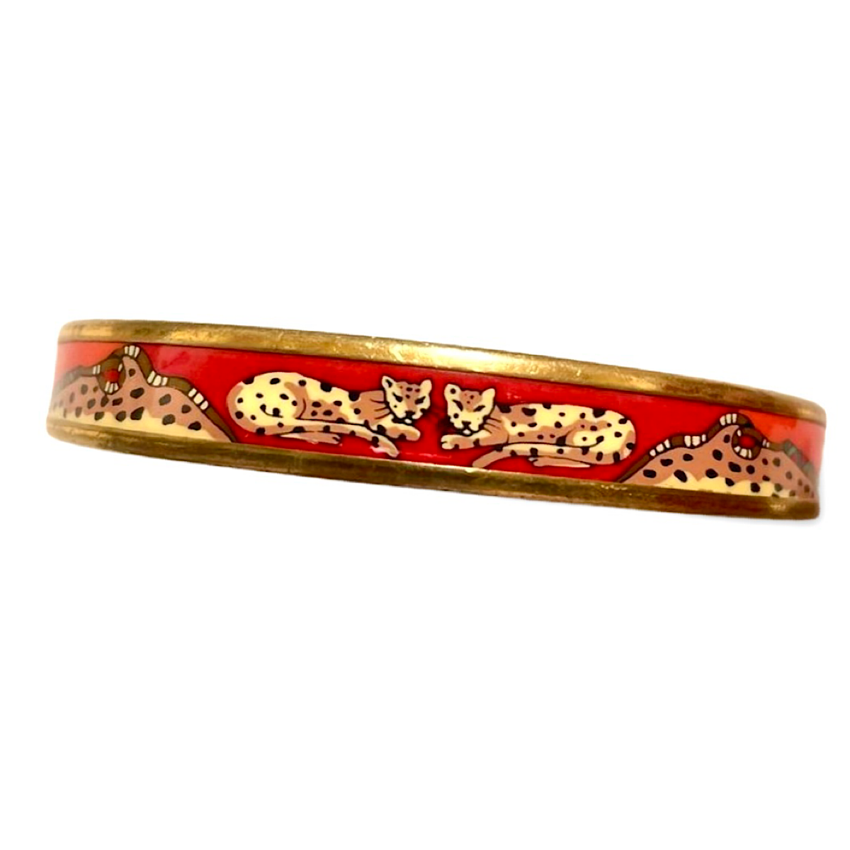 Vintage Hermes gold and red and orange cloisonne enamel bangle with Jaguar couple. CIRCUS. Made in Austria. Cheetah, panther. 070512m2