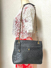 80's vintage BALLY, genuine black ostrich leather chain shoulder bag with golden logo. Classic purse made in West Germany. 051003ya1