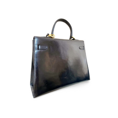 80's vintage BALLY black boxcalf leather kelly bag. Classic masterpiece handbag. 051203m1