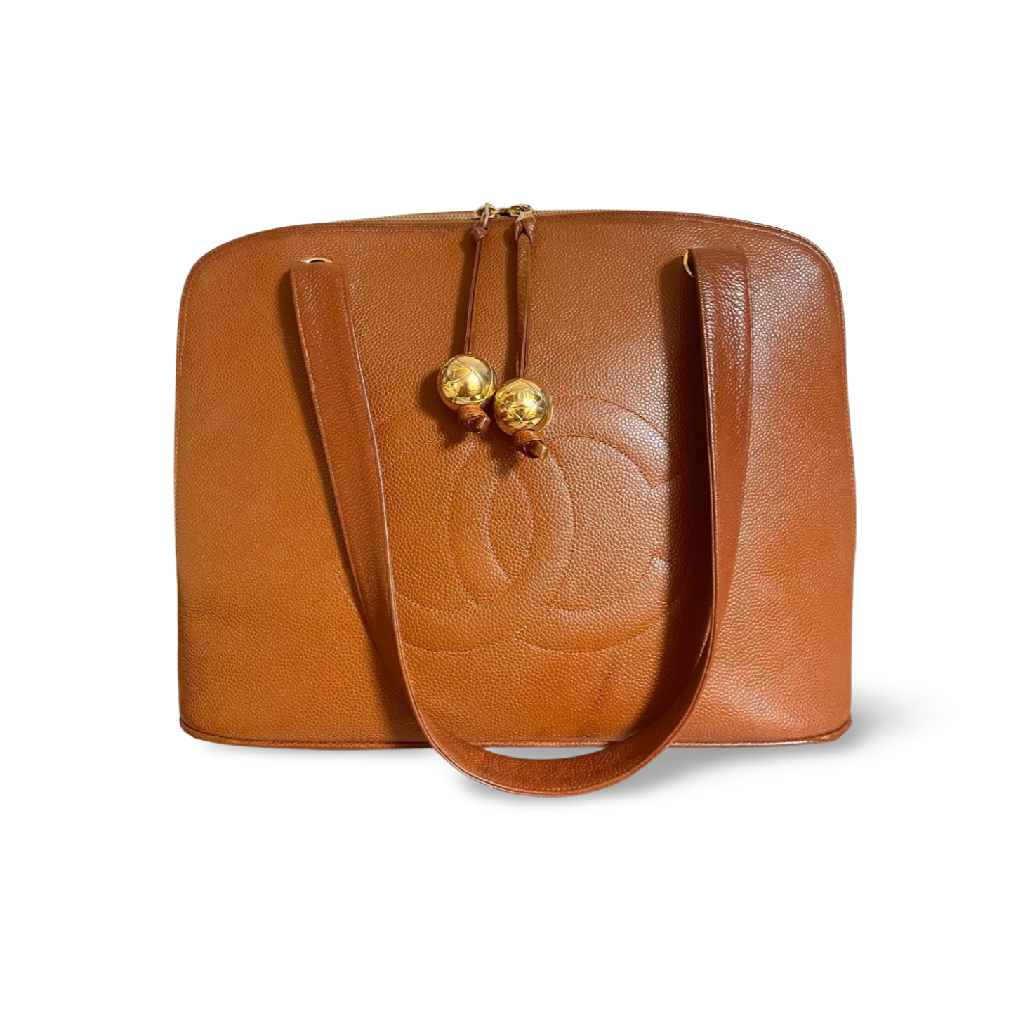 Vintage CHANEL caviar leather double zipper tote bag in brown with golden CC ball charms. Daily use purse. 060728br1