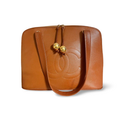 Vintage CHANEL caviar leather double zipper tote bag in brown with golden CC ball charms. Daily use purse. 060728br1