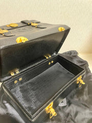 Vintage Gianni Versace black caviar type leather birkin doctor's bag, handbag with jewelry case and golden sun burst motifs. 070325ys