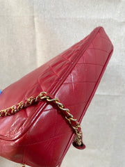 Vintage CHANEL red calfskin classic shoulder tote bag with gold tone chains and CC charm. Classic purse. 0506284
