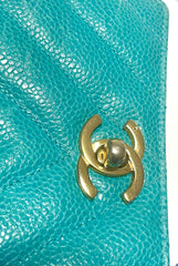 Vintage CHANEL turquoise blue caviar v stitch, chevron, waist bag, hip bag, fanny pack with matching belt with golden cc mark closure. 070225ac3