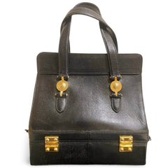 Vintage Gianni Versace black caviar type leather birkin doctor's bag, handbag with jewelry case and golden sun burst motifs. 070325ys