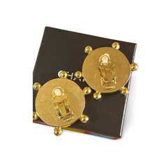 Vintage CHANEL large round earrings with black and golden CC mark. Sun design. 050630ac