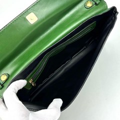 Vintage FENDI green leather shoulder bag, large clutch purse with logo and Jenus motif at front. 070908y1