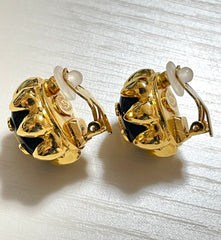 MINT. Vintage CHANEL round black and golden earrings with golden CC mark and crown frame. Bud design jewelry. 060225ac2