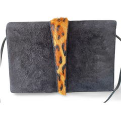 Vintage Bally black suede leather shoulder bag with leopard printed fur trimmings. Can be clutch purse. 070218ys9