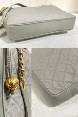 Vintage CHANEL taupe grey canvas and lambskin shoulder tote bag with gold tone chain straps and a CC ball charm. 070125ap1