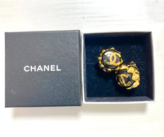 MINT. Vintage CHANEL round black and golden earrings with golden CC mark and crown frame. Bud design jewelry. 060225ac2