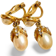 Vintage Yves Saint Laurent golden dangling earrings with crystals and teardrop white faux pearls. Rare YSL jewelry. 060604ac1