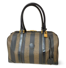 Vintage Fendi black and gray pecan stripe speedy style duffle bag, handbag purse with black leather trimmings. Fendi classic bag. 060824m1