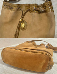 Vintage FENDI tan brown leather bucket hobo shoulder bag with croc embossed enamel leather trimmings and a golden logo charm. Unisex. 060711