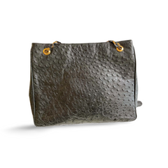 80's vintage BALLY, genuine black ostrich leather chain shoulder bag with golden logo. Classic purse made in West Germany. 051003ya1