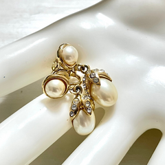 Vintage Yves Saint Laurent golden dangling earrings with crystals and teardrop white faux pearls. Rare YSL jewelry. 060604ac1