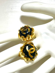 MINT. Vintage CHANEL round black and golden earrings with golden CC mark and crown frame. Bud design jewelry. 060225ac2