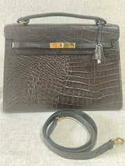 Vintage Mulberry darkbrown croc embossed leather Kelly bag with shoulder strap. Roger Saul era. Rare masterpiece. 070220yf