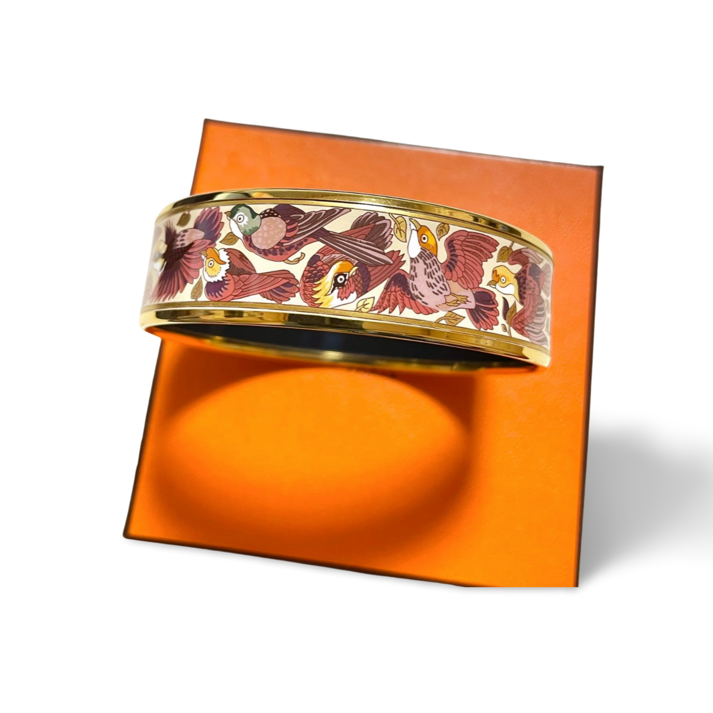 Vintage Hermes cloisonne enamel golden thick bangle, bracelet with birds and leaves. Must have beautiful jewelry. 061113r1
