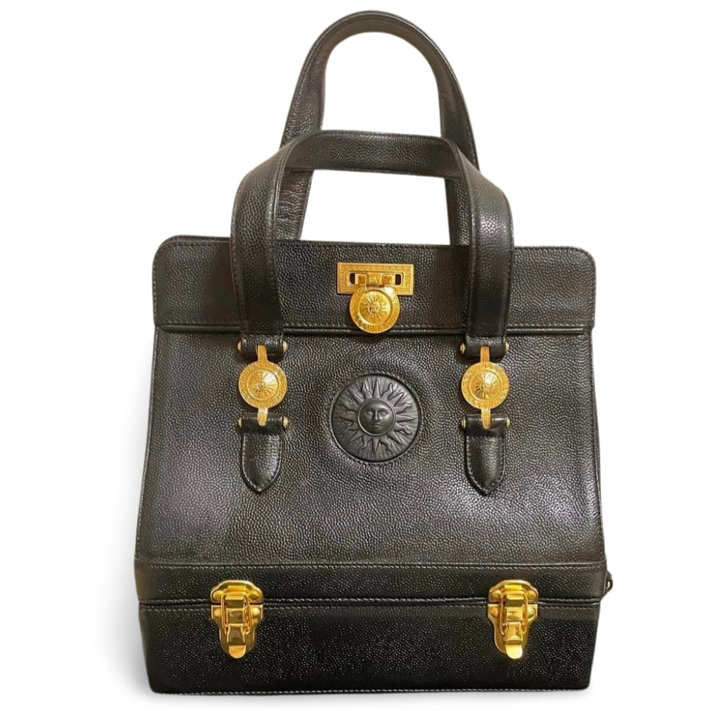 Vintage Gianni Versace black caviar type leather birkin doctor's bag, handbag with jewelry case and golden sun burst motifs. 070325ys