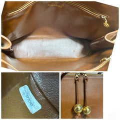 Vintage CHANEL caviar leather double zipper tote bag in brown with golden CC ball charms. Daily use purse. 060728br1