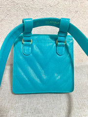 Vintage CHANEL turquoise blue caviar v stitch, chevron, waist bag, hip bag, fanny pack with matching belt with golden cc mark closure. 070225ac3