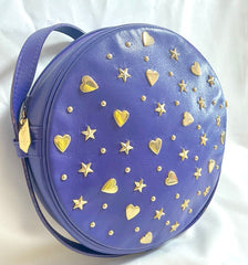 Vintage Yves Saint Laurent purple round bag with heart and star studs. One of a kind leather shoulder bag. 050730ac1
