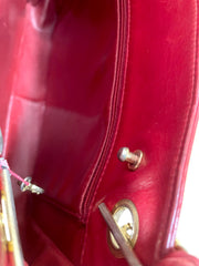 Vintage CHANEL red calfskin classic shoulder tote bag with gold tone chains and CC charm. Classic purse. 0506284