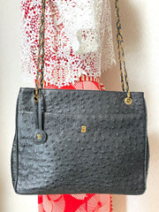 80's vintage BALLY, genuine black ostrich leather chain shoulder bag with golden logo. Classic purse made in West Germany. 051003ya1