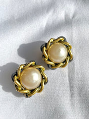Vintage CHANEL earrings with chain and black leather frame. Perfect Chanel jewelry. 041205bs5