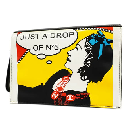 Vintage CHANEL patent enamel clutch bag, wristlet in mademoiselle portrait, Just a drop of Number 5, in black, yellow, and red.  050907rk1