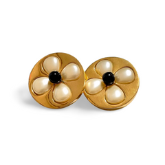 Vintage CHANEL round jumbo earrings with faux pearl petal flower, clover motifs. Very chic and mod jewelry. 061126ac2